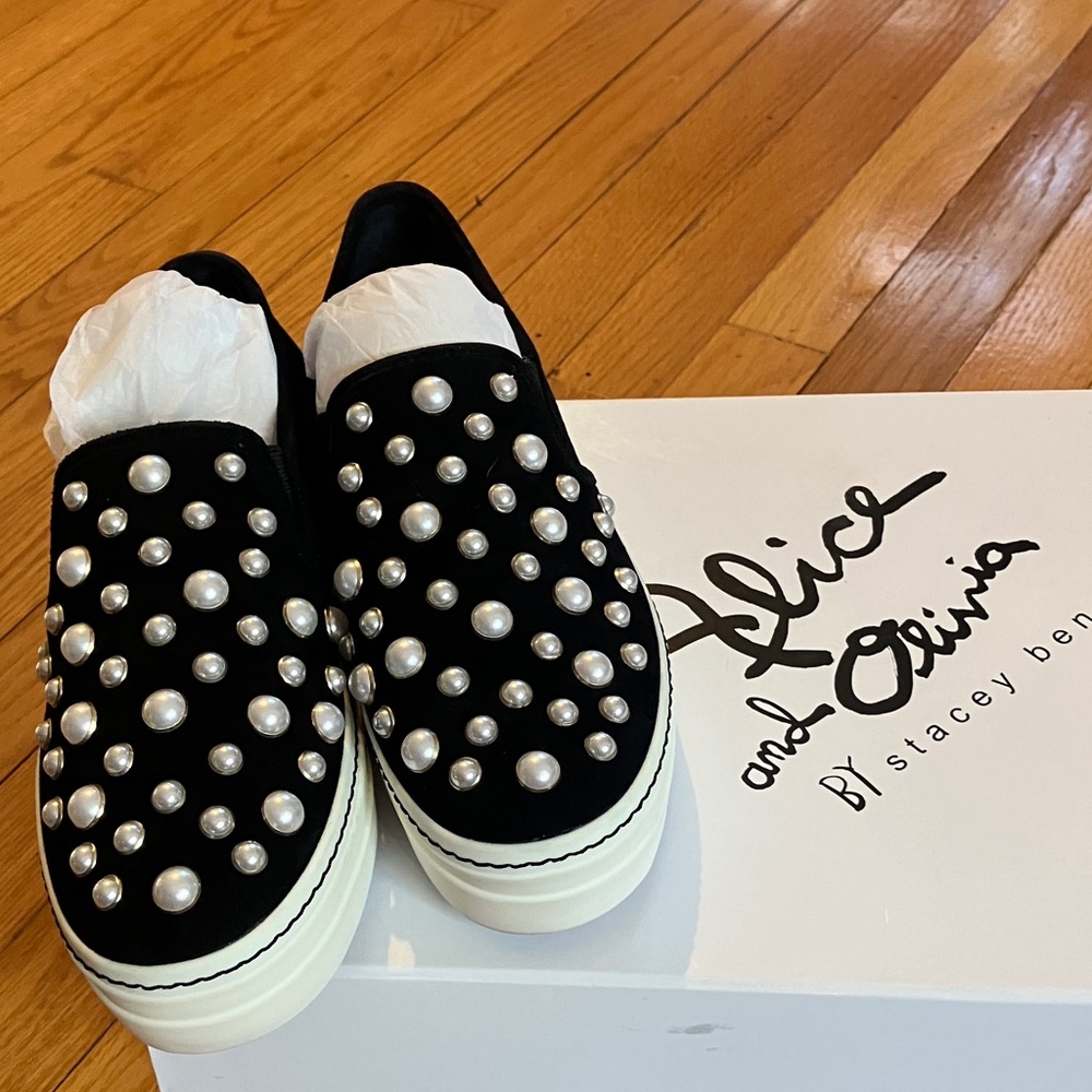 Alice + Olivia Black and White Pearl Embellished Sneakers